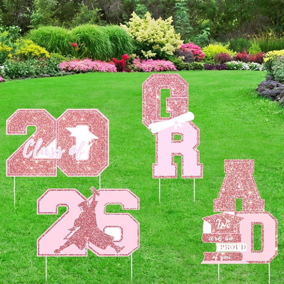 2026 Graduation Decorations Yard Signs, 4PCS Black Congrats Grad Lawn Decorations with Stakes, Graduation Party Supplies, Large Outdoor Graduation Party Decor for High School & College (Pink)