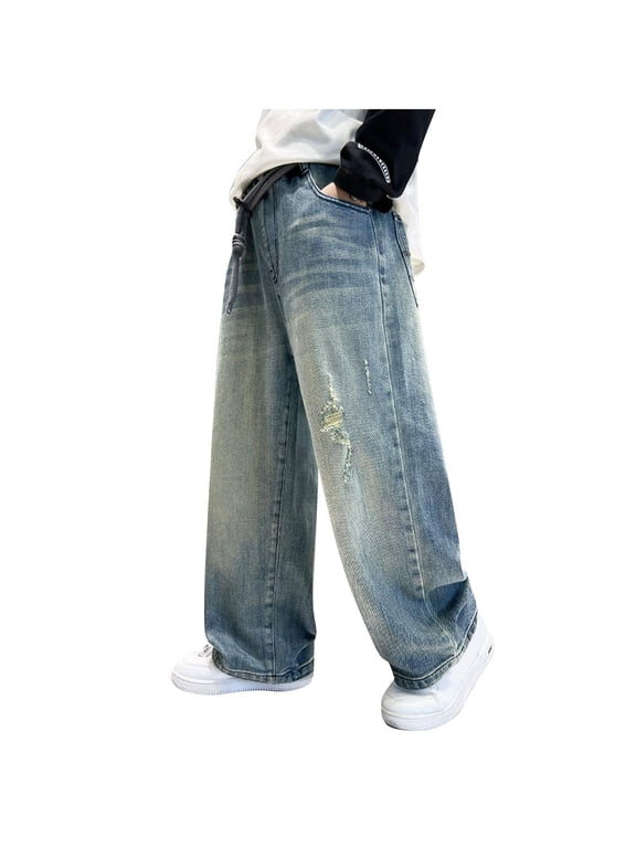 Baggy Jeans Boys Y2K Straight Wide Leg Denim Pants Kids Casual Elastic Waist Loose Trousers Pockets Streetwear