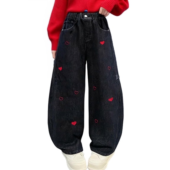 Nskgu Baggy Jeans for Girls Wide Leg Jeans Elastic Waist Denim Pants Kids Clothes 5-15 Years