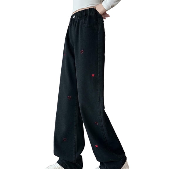 Nskgu Baggy Jeans for Girls Wide Leg Jeans Elastic Waist Denim Pants Kids Clothes 5-15 Years