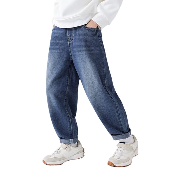 Nskgu Boys Baggy Jeans High Waisted Elastic Waist Loose Tapered Cuffed Denim Pants with Pockets for Youth Teens