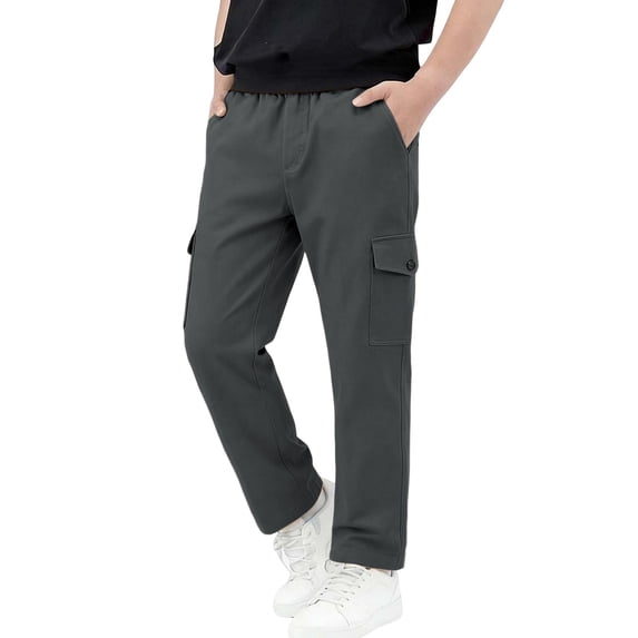 Nskgu Boys Cargo Pants Pull On Elastic Waist Straight Leg with Button Pockets for Big Kids