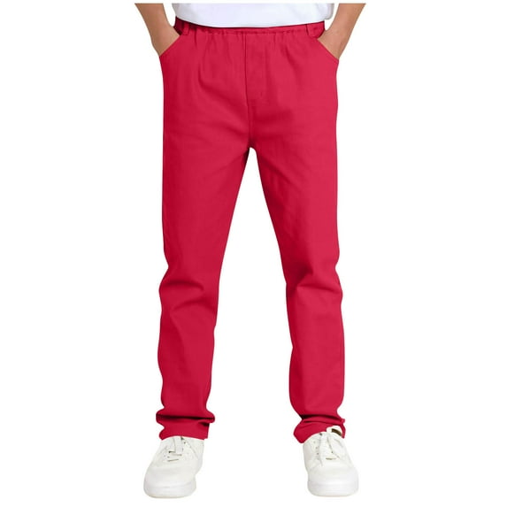 Nskgu Boys Elastic Waist Pants Kids Uniform School Cotton Twill Trousers with Pockets 5-14 Years