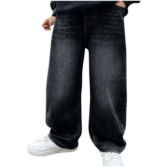 Nskgu Boys Jeans Baggy Straight Leg Elastic Waist Loose Denim Pants with Pockets
