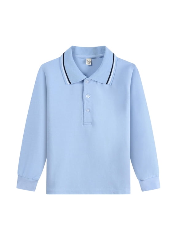 Boys School Uniform Long Sleeve Polo Shirt Contrast Collar Cuffs Button Cotton Pique