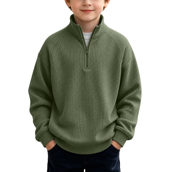 Nskgu Boys Sweatshirt Quarter Zip Mock Neck Waffle Knit Long Sleeve Solid Color Fall Winter Daily Back to School