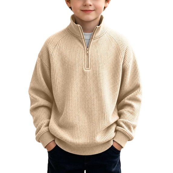 Nskgu Boys Sweatshirt Quarter Zip Mock Neck Waffle Knit Long Sleeve Solid Color Fall Winter Daily Back to School
