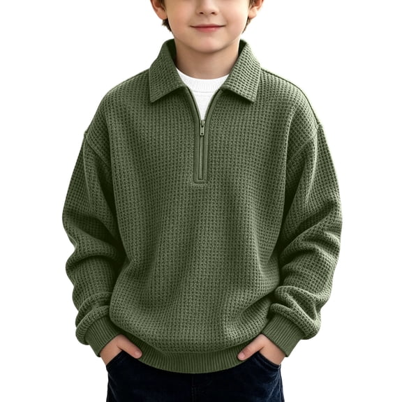 Nskgu Boys Sweatshirt Quarter Zip Polo Collar Waffle Knit Long Sleeve Solid Color Fall Winter Daily Back to School