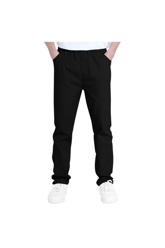 Boys Uniform Pants Elastic Waist Pull On Twill Jogger Pants for Boys School Clothes with Pockets Size 6-13 Years