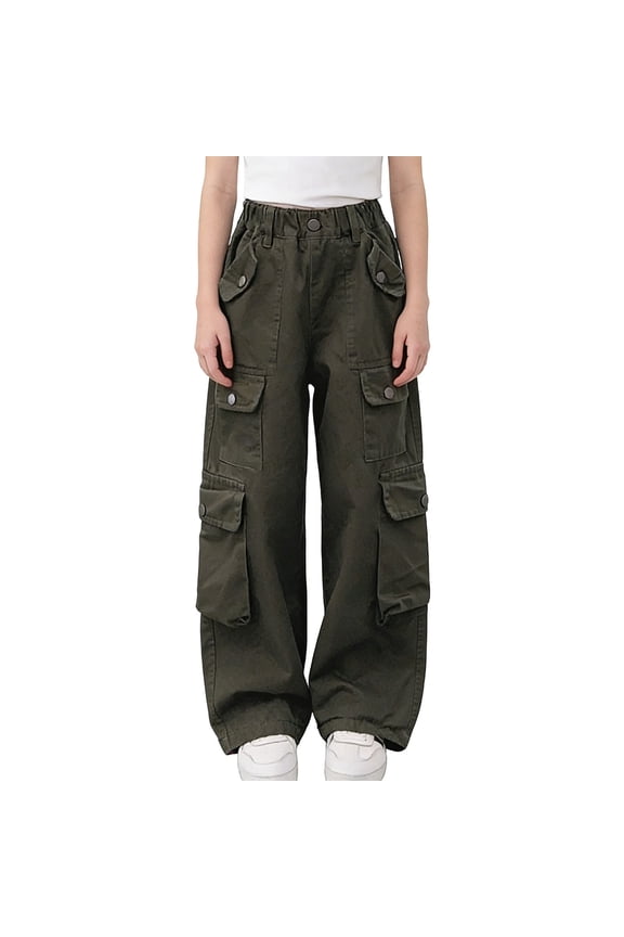 Girls Cargo Parachute Pants Elastic Waist Wide Leg Streetwear Hip Hop Dance Trousers with Pockets