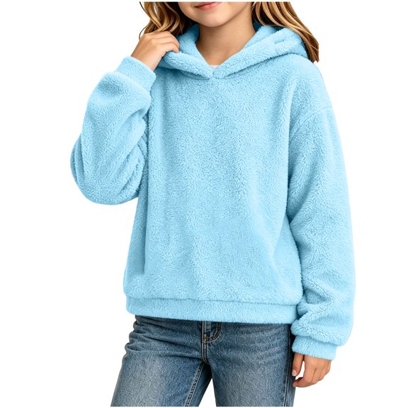 Nskgu Girls Fleece Hoodie Cute Bear Ears Long Sleeve Winter Warm Sweatshirt for Big Kids Teens