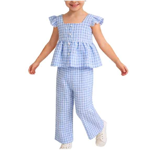 Nskgu Girls Gingham Ruffle Sleeve Top and Wide Leg Pants Set Kids 2 Piece Casual Outfits with Button Detail for Daily Wear