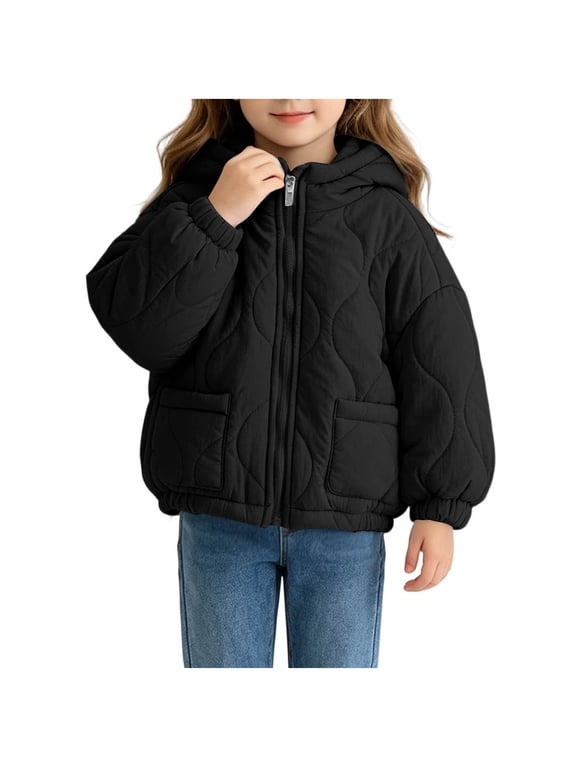 Girls Hooded Quilted Jacket with Wave Stitching and Patch Pockets for Easy Winter Mornings