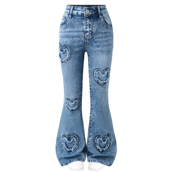 Nskgu Girls Jeans Flare High Elastic Waist Denim Pants Bell Bottom Stretch Cute Y2K Streetwear with Pockets 6-13Y