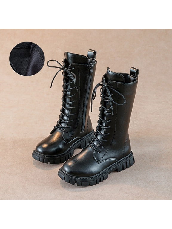 Girls Lace Up Riding Boots Mid Calf Combat Boots PU Leather Side Zipper Punk Goth Boot 4-11 Years