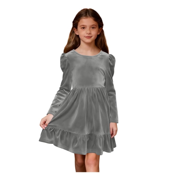Nskgu Girls Long Sleeve Dress Velvet Crew Neck Bow Back Holiday Party Christmas Dresses