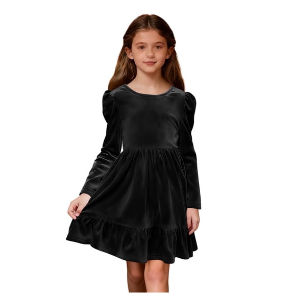 Nskgu Girls Long Sleeve Dress Velvet Crew Neck Bow Back Holiday Party Christmas Dresses