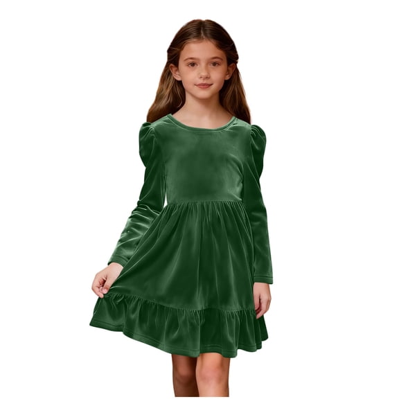 Nskgu Girls Long Sleeve Dress Velvet Crew Neck Bow Back Holiday Party Christmas Dresses