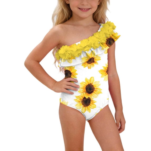 Nskgu Girls One Piece Swimsuit One Shoulder Ruffle Bathing Suit for Kids Summer Beach Swimwear