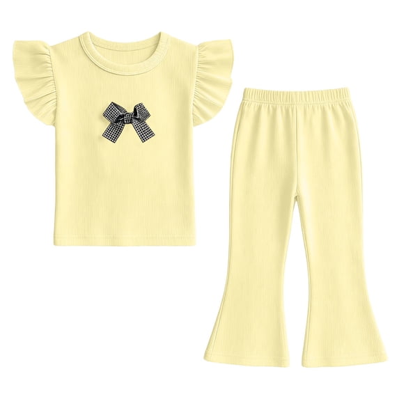 Nskgu Girls Ruffle Sleeve Top and Flare Pants Set Kids 2 Piece Ribbed Outfits with Cute Bow Accent for Daily Wear
