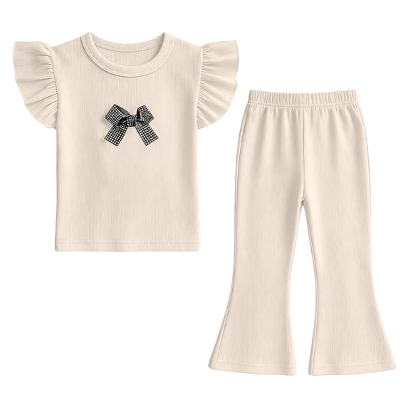 Nskgu Girls Ruffle Sleeve Top and Flare Pants Set Kids 2 Piece Ribbed Outfits with Cute Bow Accent for Daily Wear