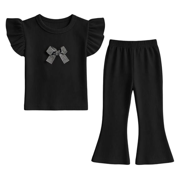 Nskgu Girls Ruffle Sleeve Top and Flare Pants Set Kids 2 Piece Ribbed Outfits with Cute Bow Accent for Daily Wear