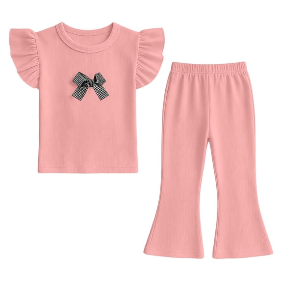 Nskgu Girls Ruffle Sleeve Top and Flare Pants Set Kids 2 Piece Ribbed Outfits with Cute Bow Accent for Daily Wear