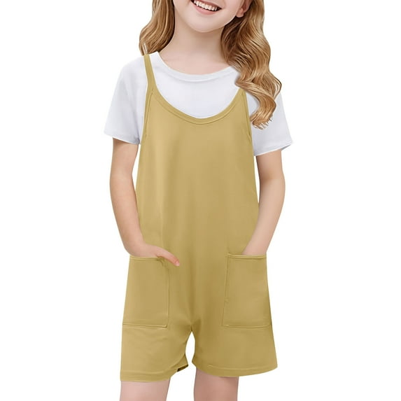 Nskgu Girls Summer Sleeveless Casual Romper Spaghetti Strap Shorts Jumpsuit with Pockets