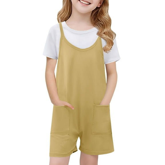 Nskgu Girls Summer Sleeveless Casual Romper Spaghetti Strap Shorts Jumpsuit with Pockets