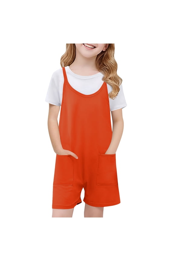 Girls Summer Sleeveless Casual Romper Spaghetti Strap Shorts Jumpsuit with Pockets