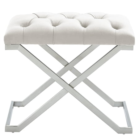 Contemporary Velvet and Stainless Steel Bench Ivory and Silver