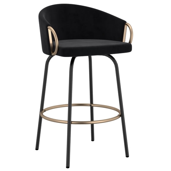Contemporary Velvet and Metal 26" Counter Stool Set of 2 Black and Gold