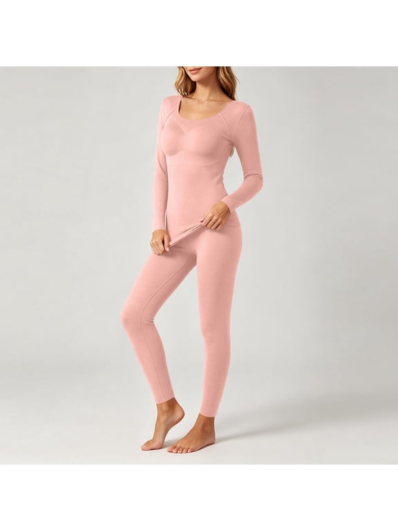 2 Piece Outfit Set for Women,Scoop Neck Long Sleeve Thermal Top,High Rise Skinny Thermal Pants,Seamless Stitching Detail,Soft Warm Base Layer Fabric,Slim Fit Full Length Trousers