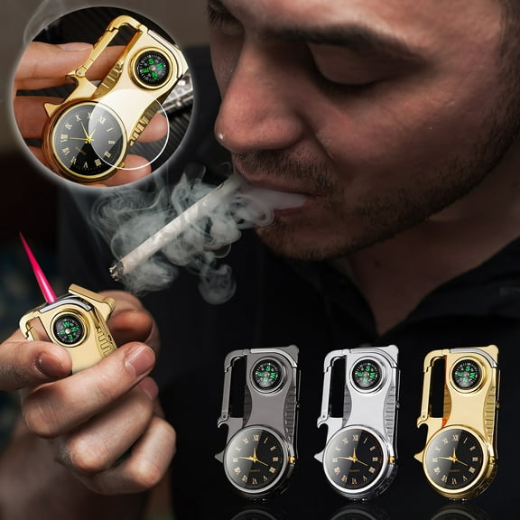 Nsxcdh 5 in 1 Watch Lighter Keychain with Bottle Opener and LED 2.99x1.56x0.67in,Windproof Double Flame Refillable Butane Design,Timekeeping Gadget for And,Compact Metal Body with Retro Dial Style