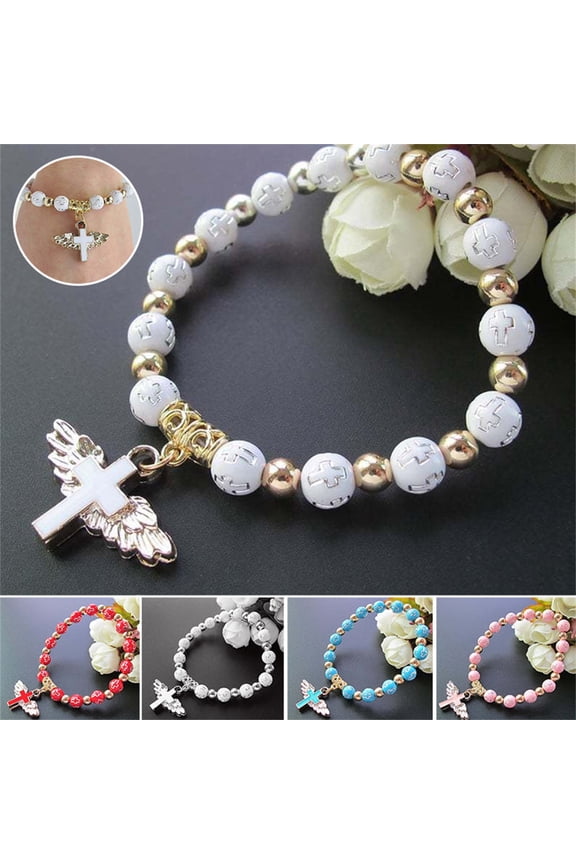 Beaded Bracelet Elastic White Gold Wing Healing Jewelry 8mm Acrylic Lightweight Exquisite Design Gift for Girls Teenagers Women Fashion Accessories Christmas Gifts for Grandkids and Women
