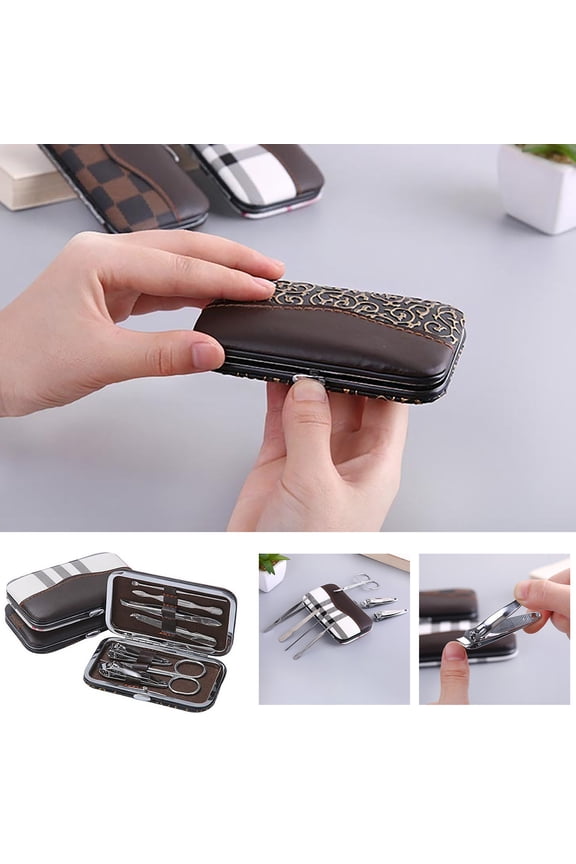 Beauty Nail Tool Set 7PCS Stainless Steel Portable Leather Case 5.12x5.91x0.98in Manicure Pedicure Grooming for Grils and Boys Travel Home Gift