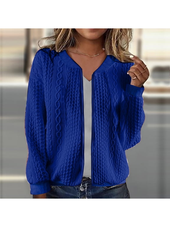 Cable Knit Zip Up Jacket for Women, Mock Neck Long Sleeve Knit Jacket, Chunky Turtleneck Style Sweater Coat, a Cozy Layering Essential for Fall and Winter,Dark Blue,M