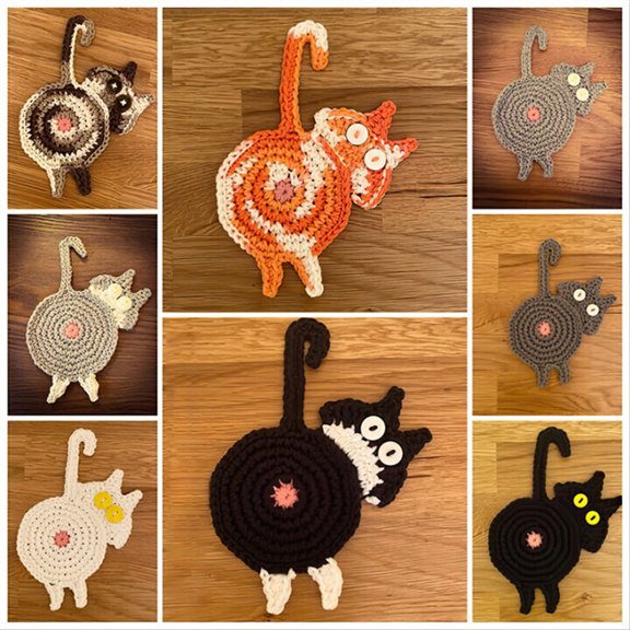 Nsxcdh Cat Butt Beverage Pad Handmade Crochet Absorbent 5.9in Funny Cat Lover Gift for Home Office Desk Bar Coaster Party Cute Decoration Favors for Kids