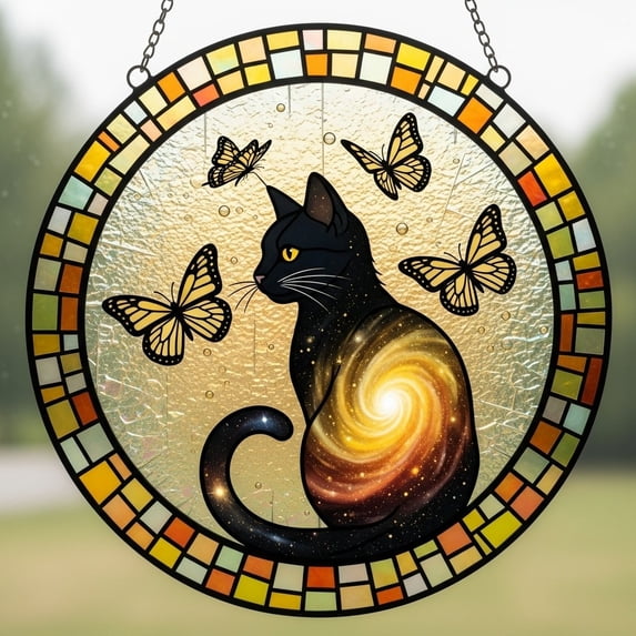 Nsxcdh Cats Stained Glass Style Window Pendant Colorful Light Catcher Artistic Sunlit Rainbow Effect Unique Pattern Story Detail Whimsical Feline Theme Decor for Home