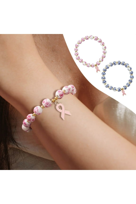 Chain Woven Ribbon Bracelet Pink Blue Glass 7.48x0.39in Heart Shape Designer Sparkling Breast Awareness Fundraiser Gift Jewelry Home Christmas Gifts for Grandkids and Women