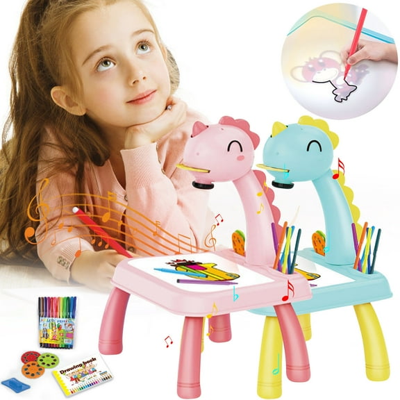 Nsxcdh Child Smart Dinosaur Projector Desk Light Music Drawing 12.6x9.4x14.6 in Educational Art Painting Complete Set Stem Learning Toys Christmas Gifts for Grandkids