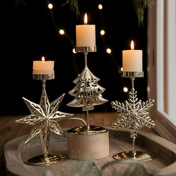 Nsxcdh Christmas Candlestick Window Tray, Gold Metal, 6.7x5.0x5.0in, Star Tree Snowflake, Stable Safe, Holiday Table Decor, Home