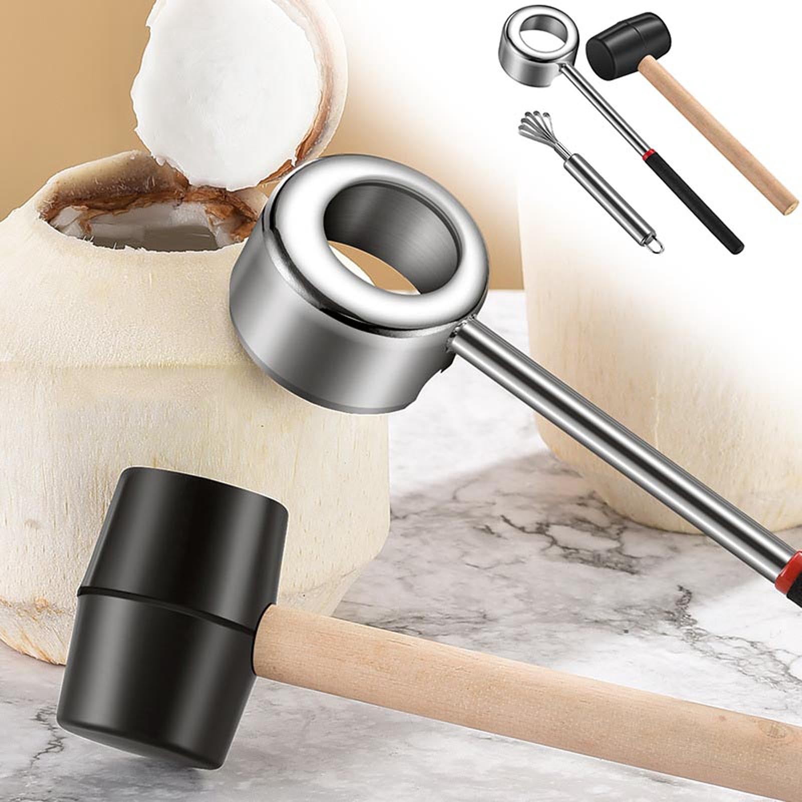 Josopa 3-Piece Coconut Opener Kit - Stainless Steel Opener, Rubber Hammer & Scraper - Easy & Safe Coconut Opening Tool