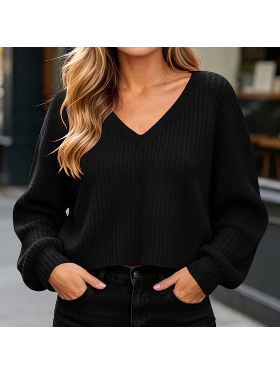Crop Tops for Women V-Neck Long Sleeve Solid Color Waffle Knit Lantern Sleeve Cropped Autumn Fashion Cute Casual Yoga Studio Sessions