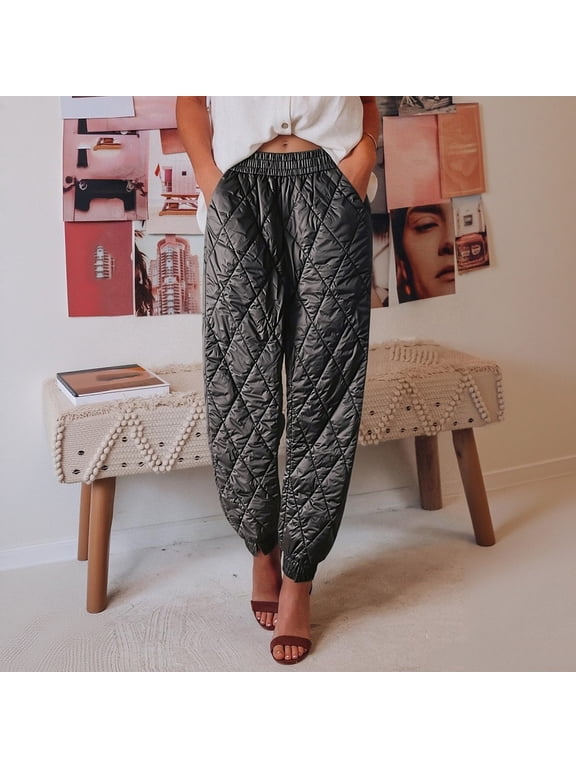 Down Pants for Women, Diamond Quilted, Elastic Waistband, Side Pockets, Cuffed Jogger, Padded Cotton, Winter Warm Outdoor,Black
