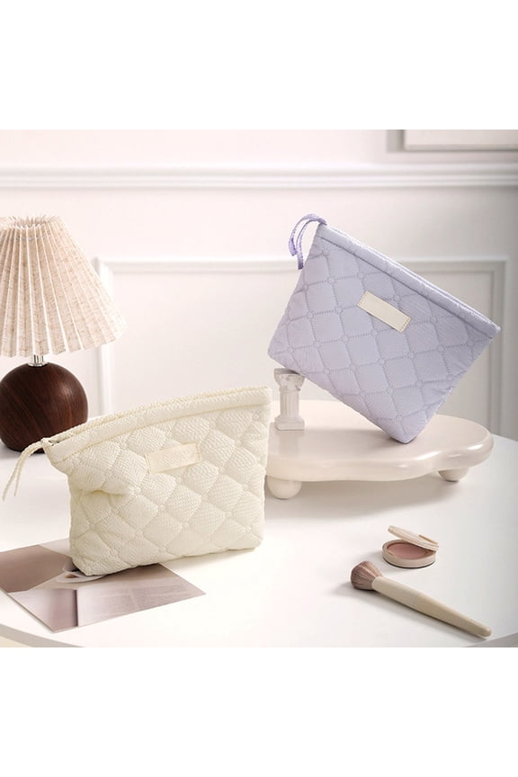 Hand Take Knitted Cosmetic Bag Pattern Polyester Beige Purple 7.28x8.69x6.69in Mini Leak Proof Multi Scenario Organizer for Women Travel Home