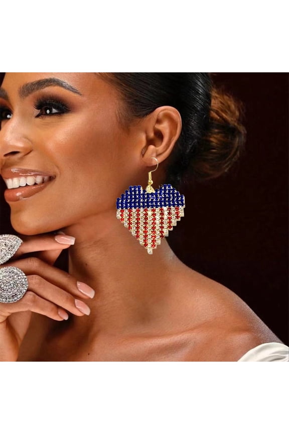 Independence Day Heart Earrings Rhinestone Multicolor Metal 1.57x1.57in Patriotic Flag Dangle Sparkling Festival Party Jewelry for Women Christmas Gifts for Grandkids and Women