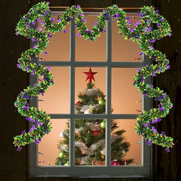 Nsxcdh Mardi Gras Garland with LED String Lights 33ft Green Gold Purple Pattern Shiny DIY Full Dense Decorative Carnival Indoor Outdoor Party Home Decor Gift Card