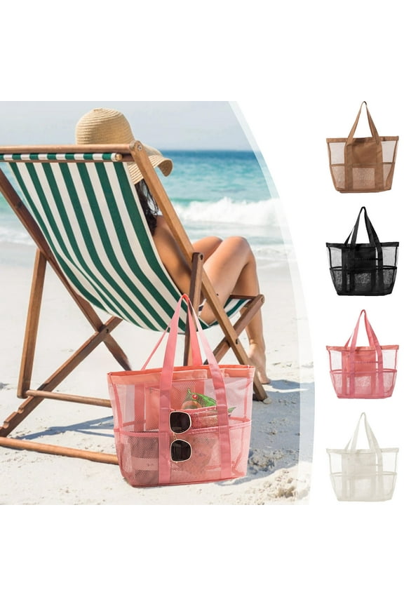 Mesh Travel Storage Bag Large Capacity Visual Partition 17.7x5.9x13.4in Bottom Drainage Comfortable Handle Multi Pocket Outdoor Beach Handbag Organizer