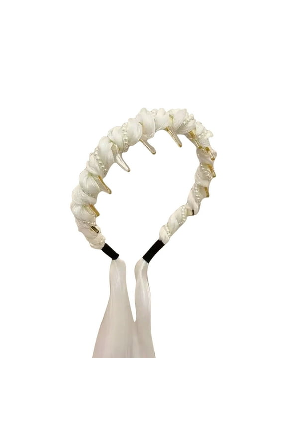 Pearl Ribbon Headband Elegant Spring and Summer Hair Accessory High Cranial Fit Sweet Wrinkled Ribbon Bundle Style Small Facial Hairband for Women Lightweight and Comfortable Daily Wear